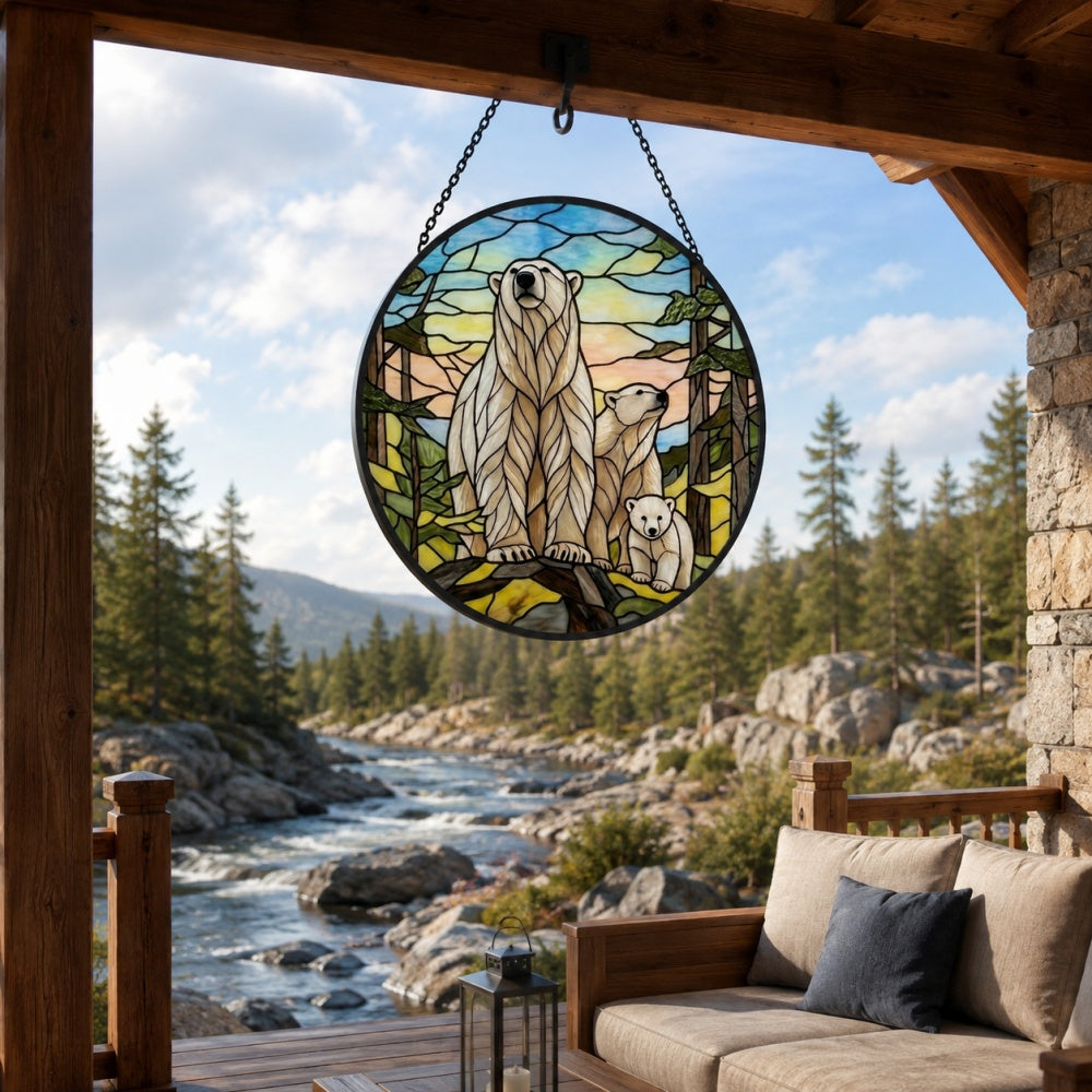 Arctic polar bear family stained glass suncatcher window hanging, suitable for home and garden decoration