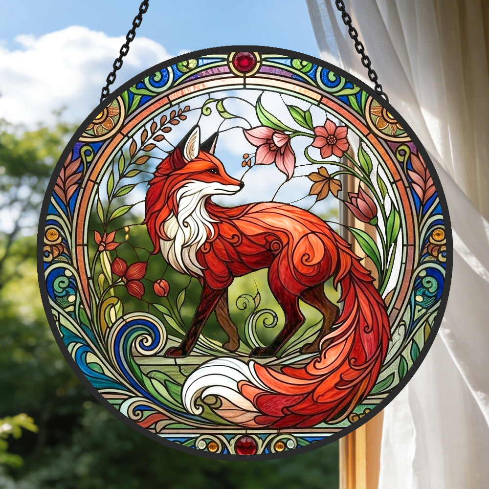 Art nouveau floral fox stained glass suncatcher window hanging, suitable for home and garden decoration