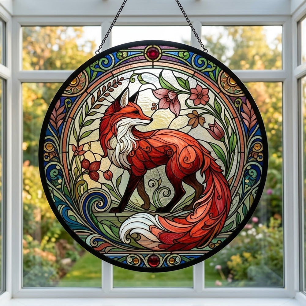 Art nouveau floral fox stained glass suncatcher window hanging, suitable for home and garden decoration