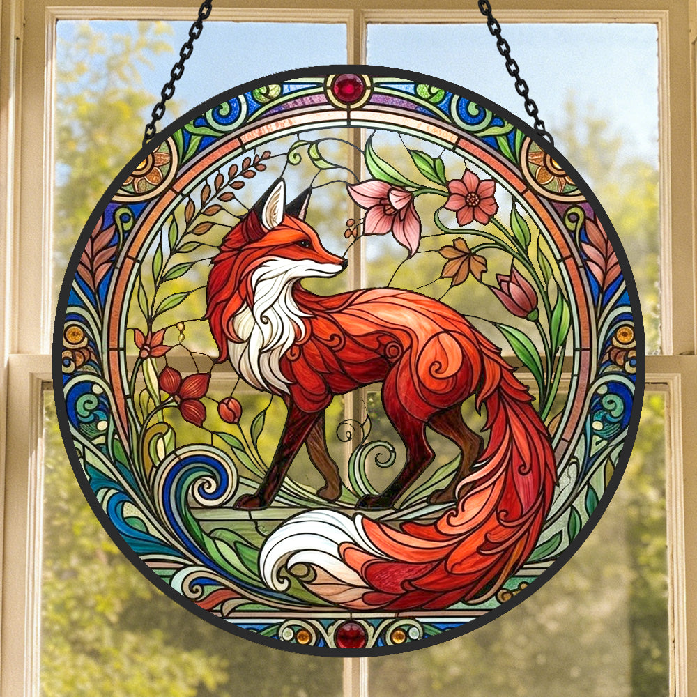Art nouveau floral fox stained glass suncatcher window hanging, suitable for home and garden decoration