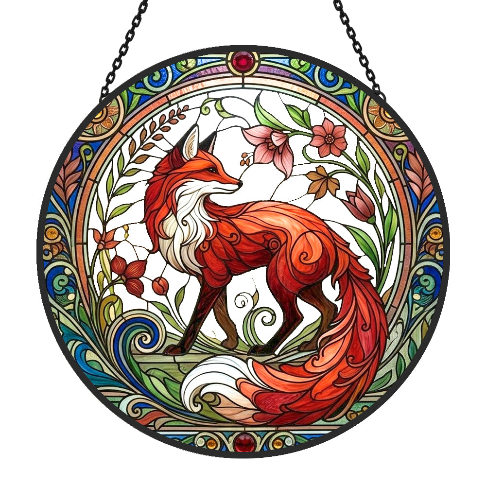 Art nouveau floral fox stained glass suncatcher window hanging, suitable for home and garden decoration