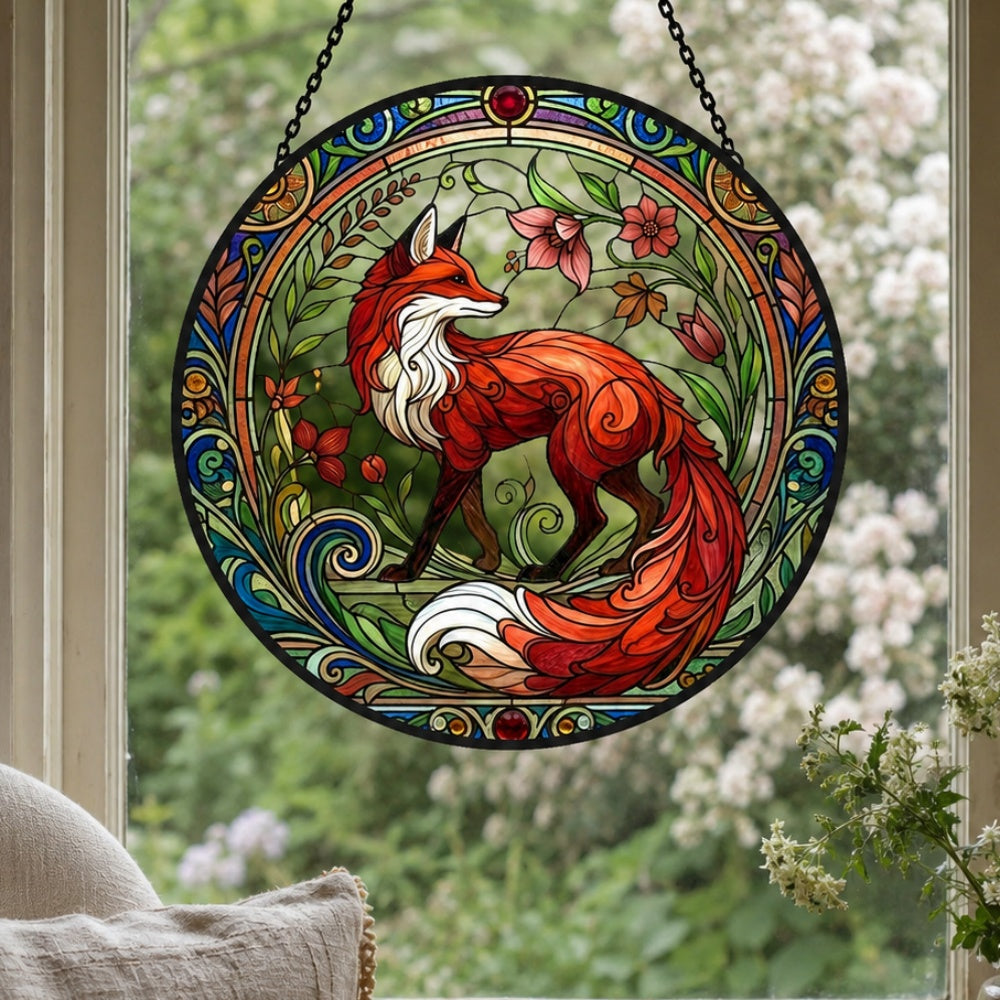 Art nouveau floral fox stained glass suncatcher window hanging, suitable for home and garden decoration