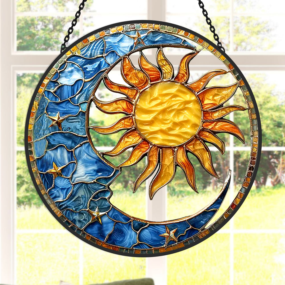 Astrology sun moon stars stained glass suncatcher window hanging, suitable for home and garden decoration