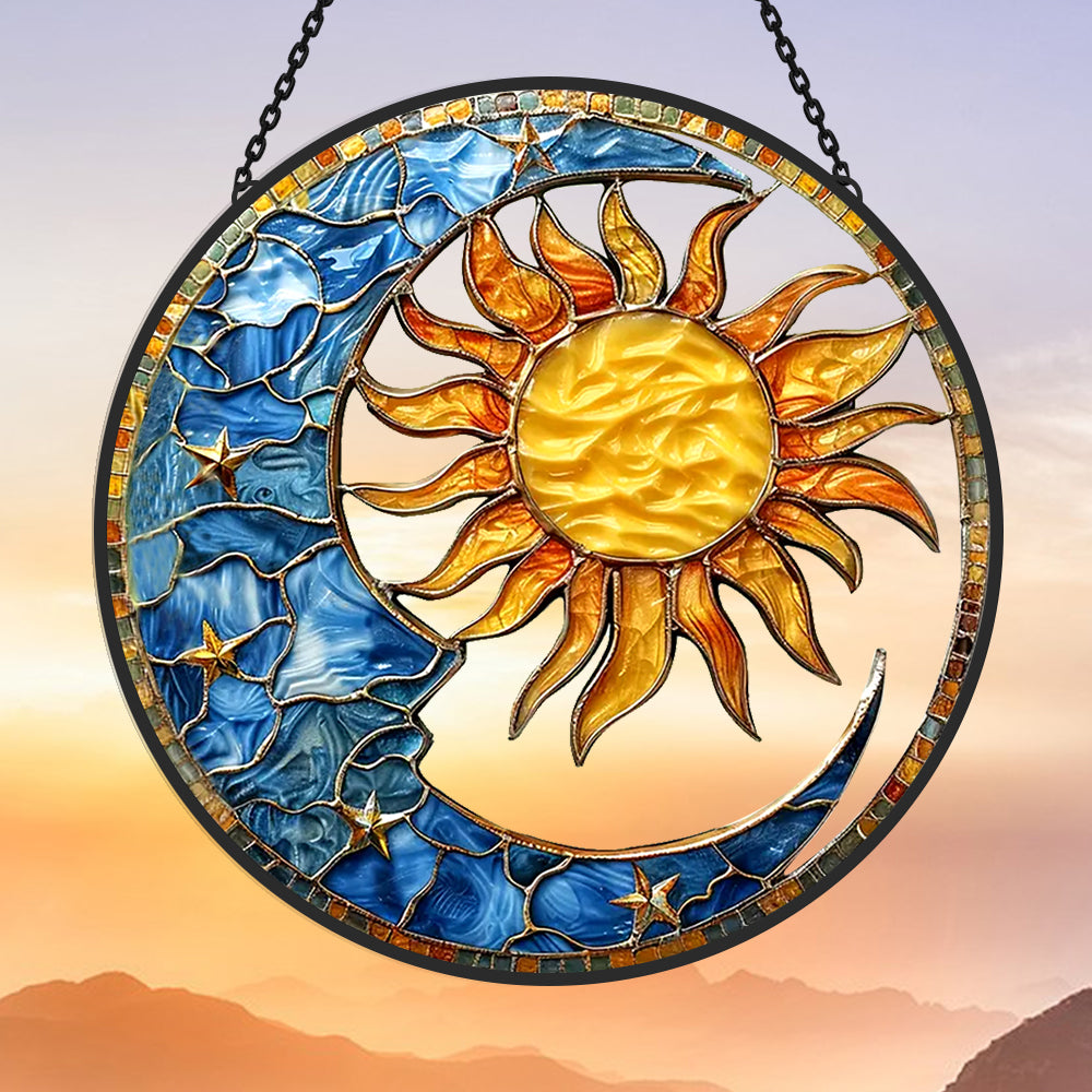 Astrology sun moon stars stained glass suncatcher window hanging, suitable for home and garden decoration