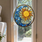 Astrology sun moon stars stained glass suncatcher window hanging, suitable for home and garden decoration