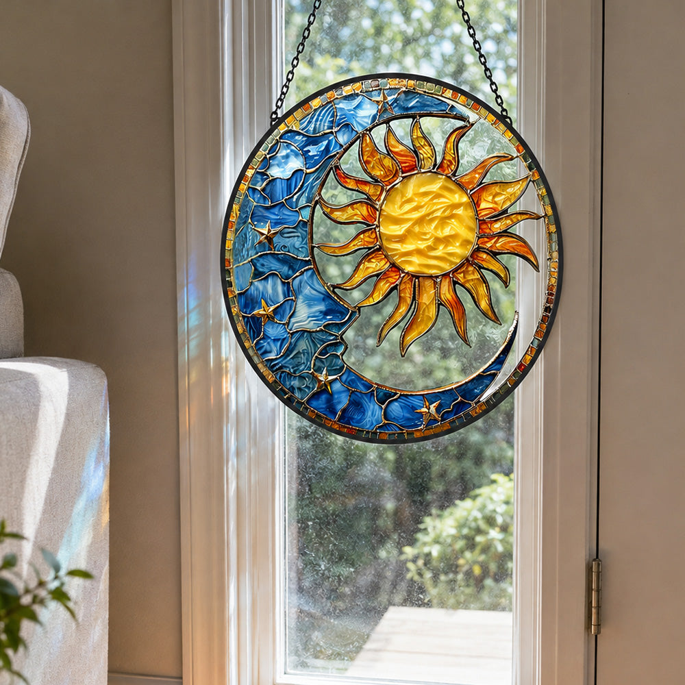 Astrology sun moon stars stained glass suncatcher window hanging, suitable for home and garden decoration