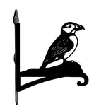 Atlantic puffin bird metal hanging basket bracket mounted on outdoor wall for plant decoration