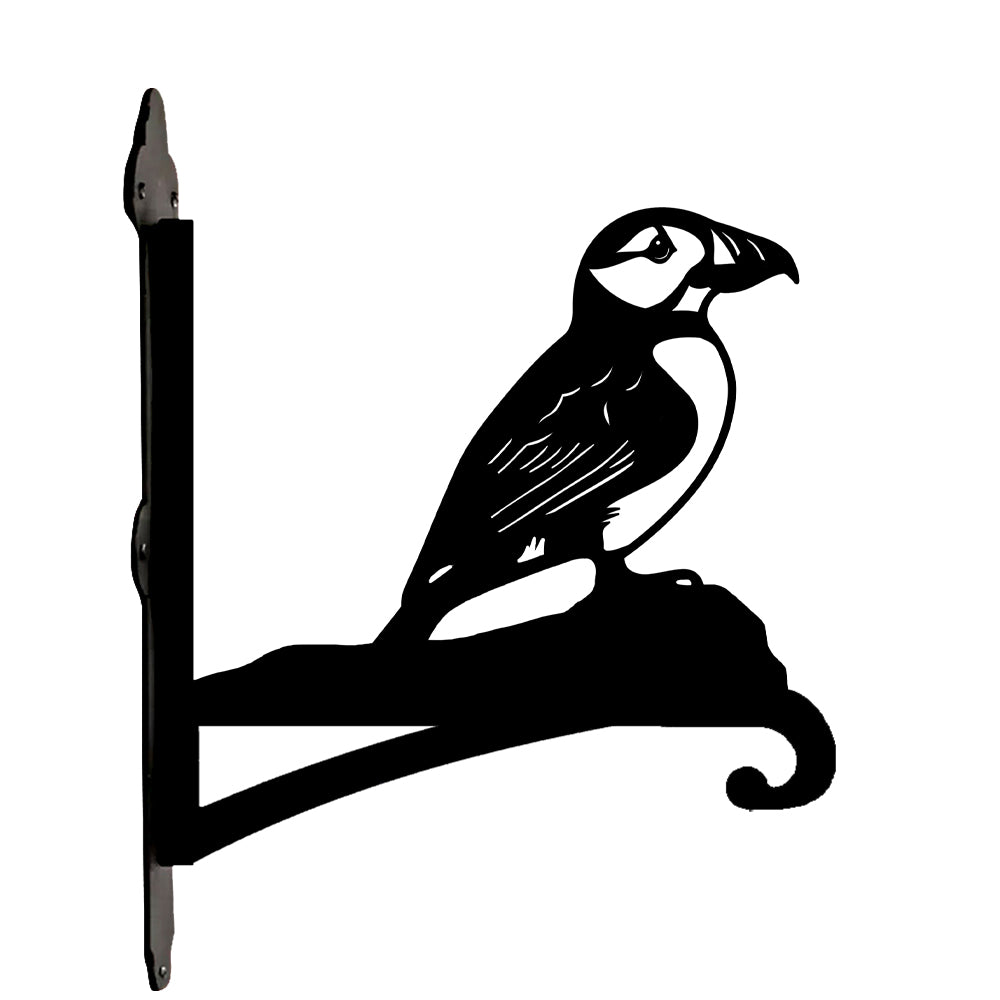 Atlantic puffin bird metal hanging basket bracket mounted on outdoor wall for plant decoration