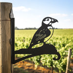 Atlantic puffin bird metal hanging basket bracket mounted on outdoor wall for plant decoration