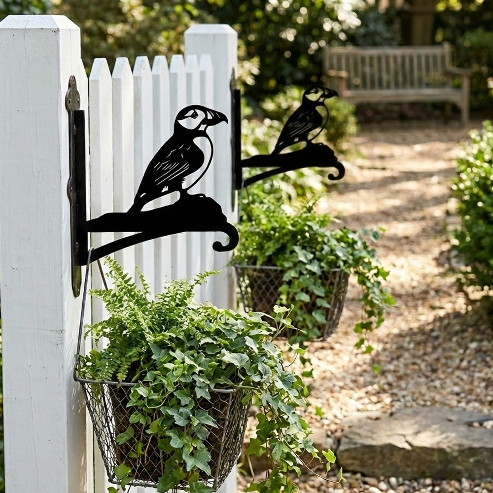 Atlantic puffin bird metal hanging basket bracket mounted on outdoor wall for plant decoration
