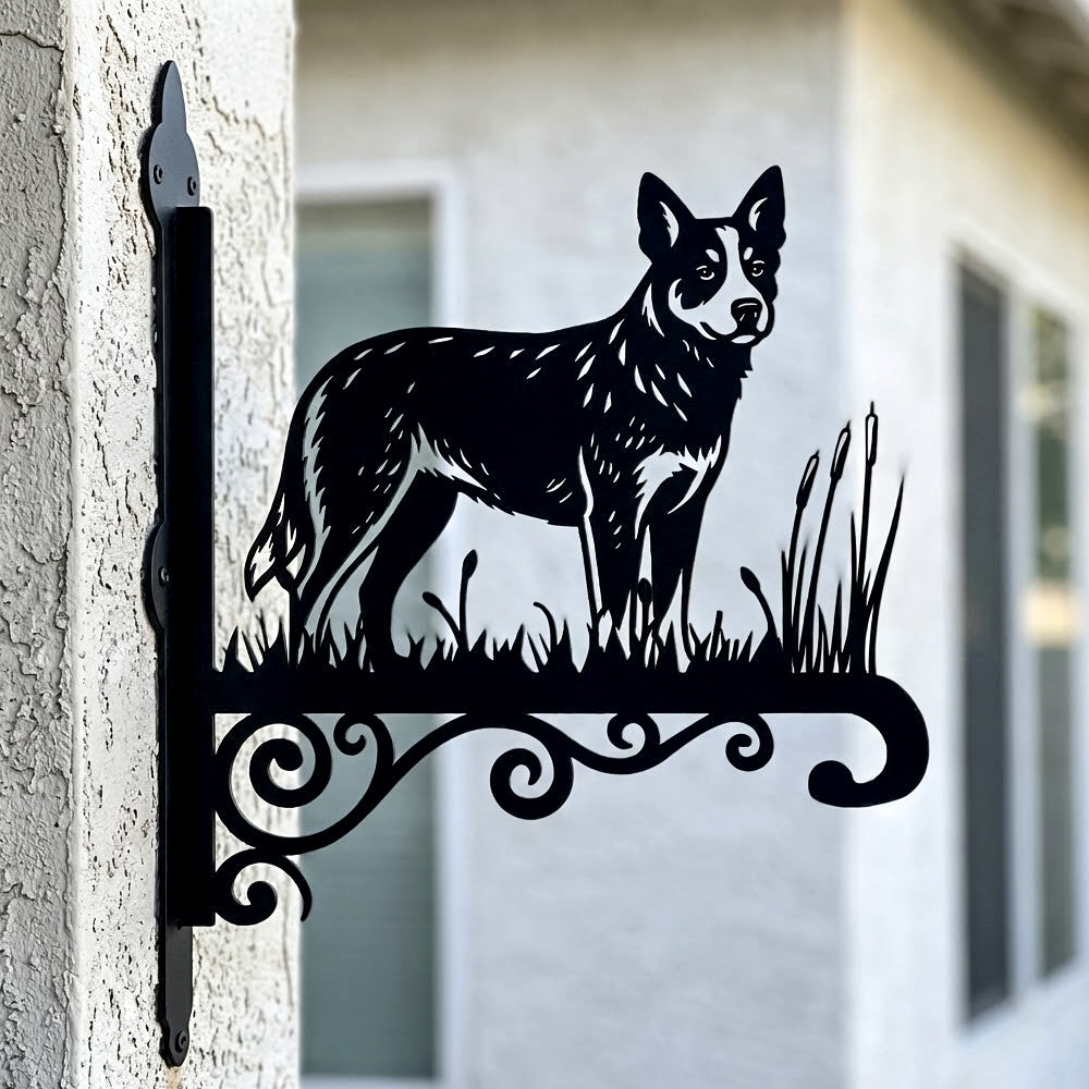 Australian cattle dog metal hanging basket bracket mounted on outdoor wall for plant decoration