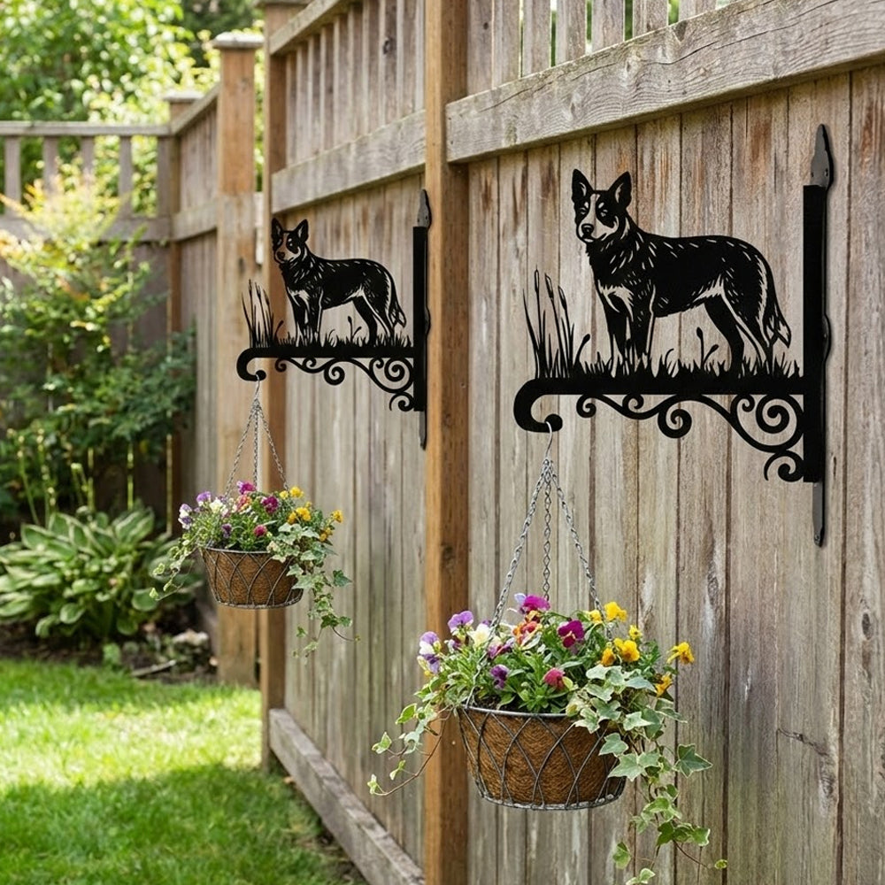 Australian cattle dog metal hanging basket bracket mounted on outdoor wall for plant decoration