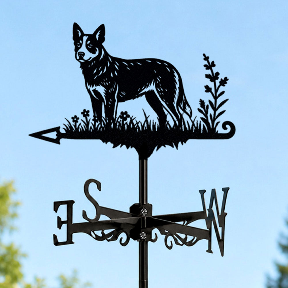 Australian Cattle dog metal weather vane with directional arrows and mounting rod, outdoor roof and garden decoration