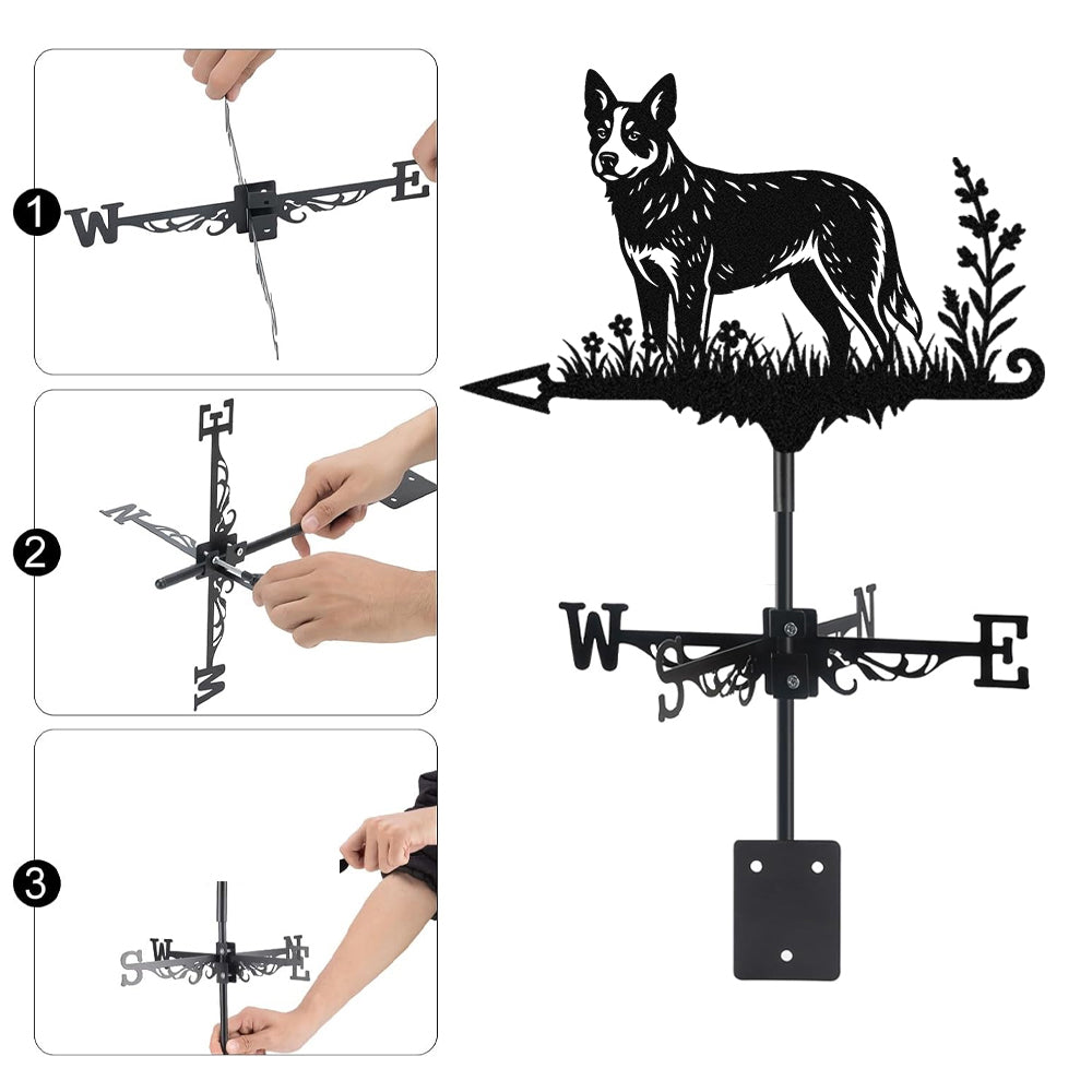 Australian Cattle Dog metal weather vane with directional arrows and mounting rod, outdoor roof and garden decoration