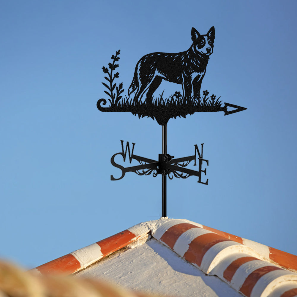 Australian Cattle Dog metal weather vane with directional arrows and mounting rod, outdoor roof and garden decoration
