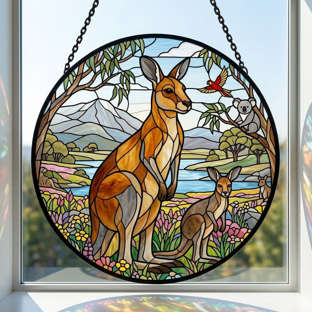 Australian kangaroo family and koala stained glass suncatcher window hanging, suitable for home and garden decoration