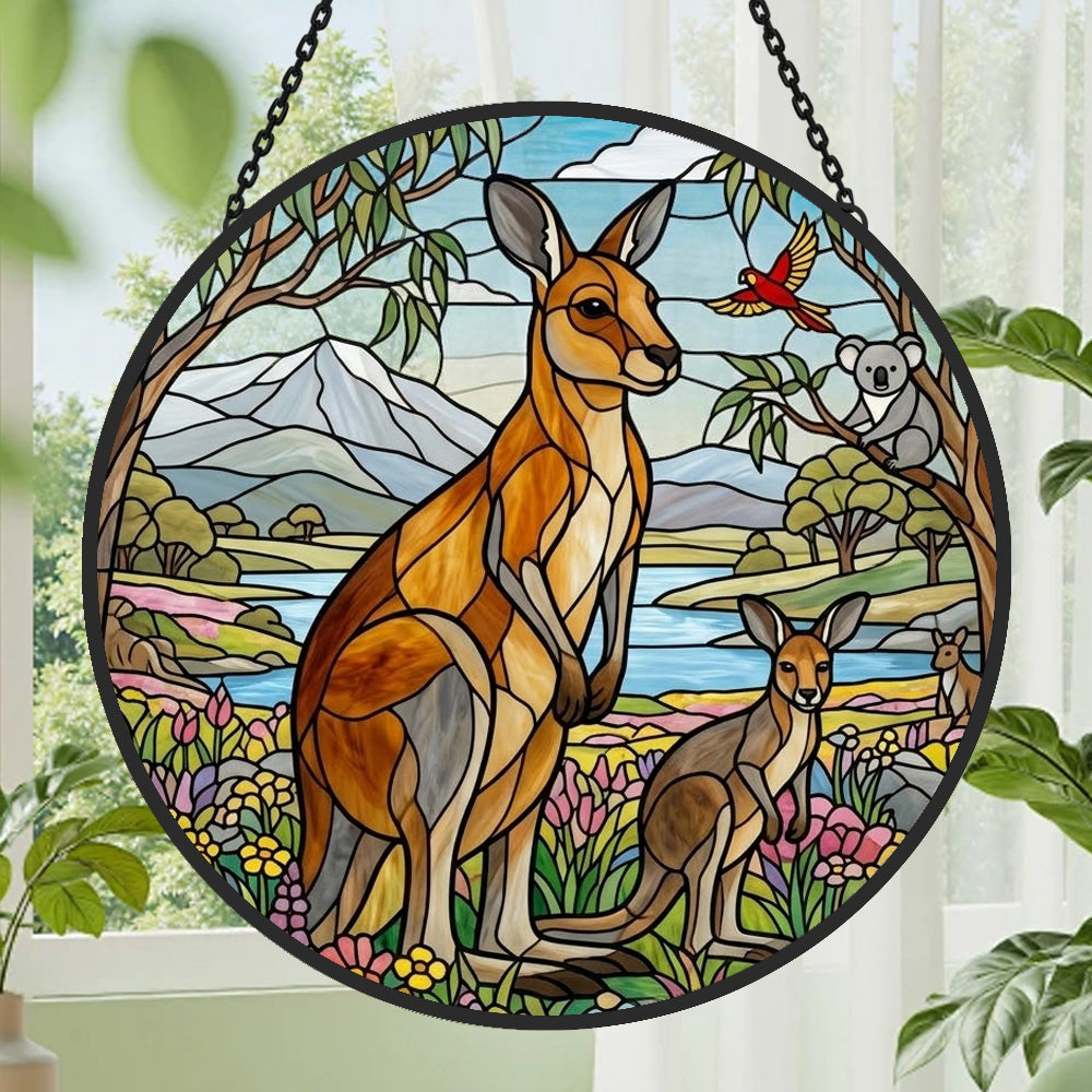 Australian kangaroo family and koala stained glass suncatcher window hanging, suitable for home and garden decoration