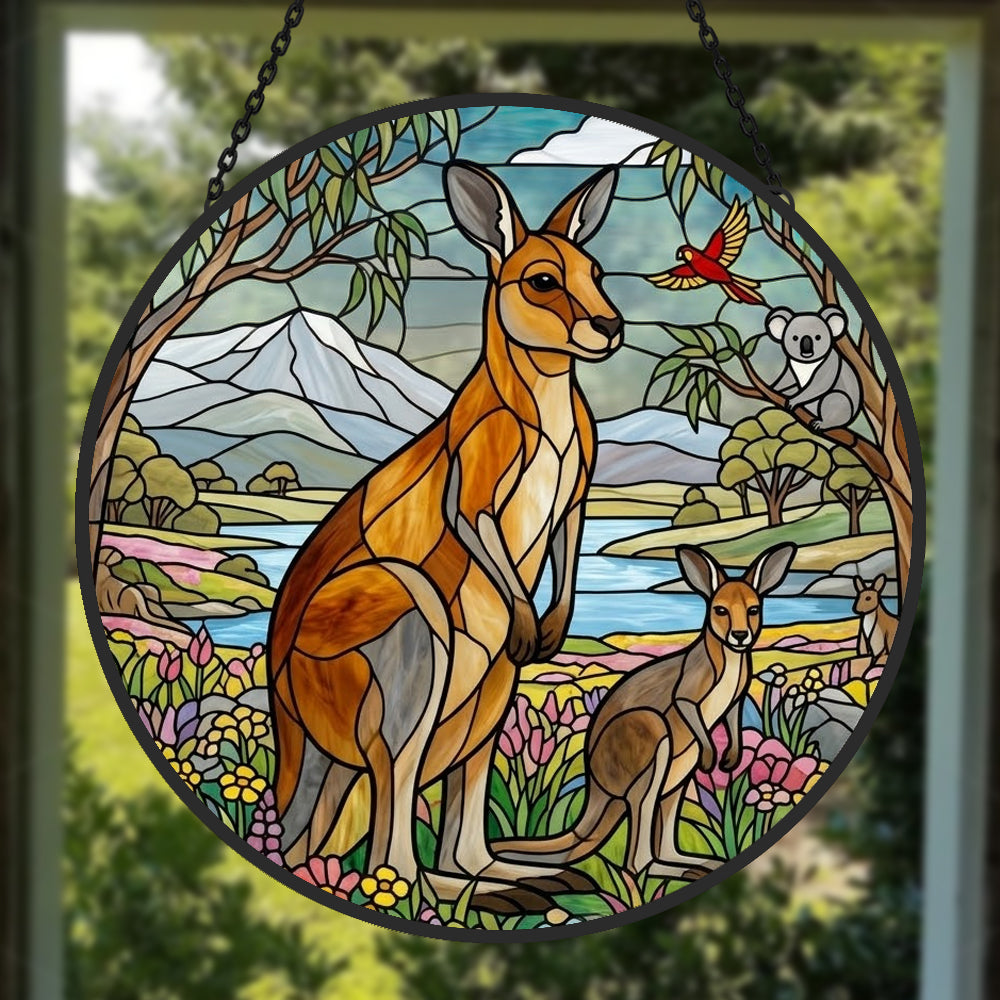 Australian kangaroo family and koala stained glass suncatcher window hanging, suitable for home and garden decoration