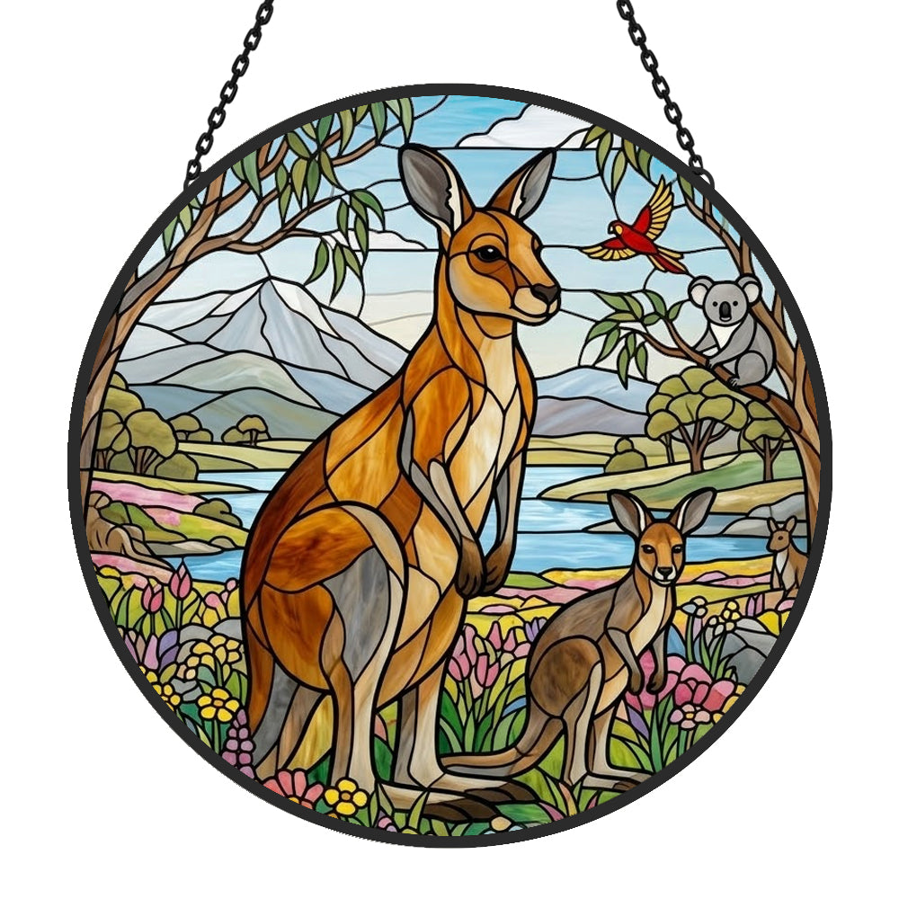 Australian kangaroo family and koala stained glass suncatcher window hanging, suitable for home and garden decoration