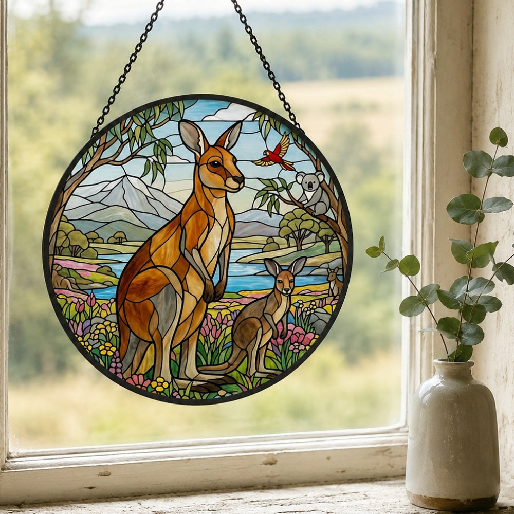Australian kangaroo family and koala stained glass suncatcher window hanging, suitable for home and garden decoration