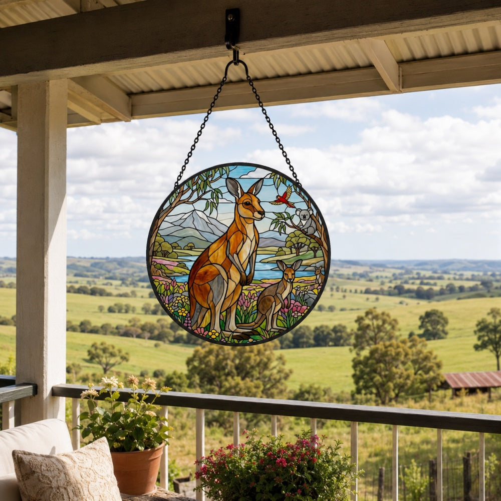 Australian kangaroo family and koala stained glass suncatcher window hanging, suitable for home and garden decoration