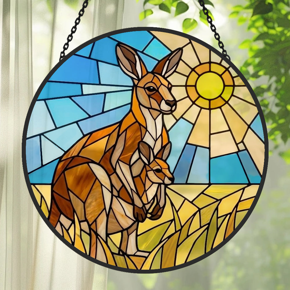 Australian kangaroo family stained glass suncatcher window hanging, suitable for home and garden decoration