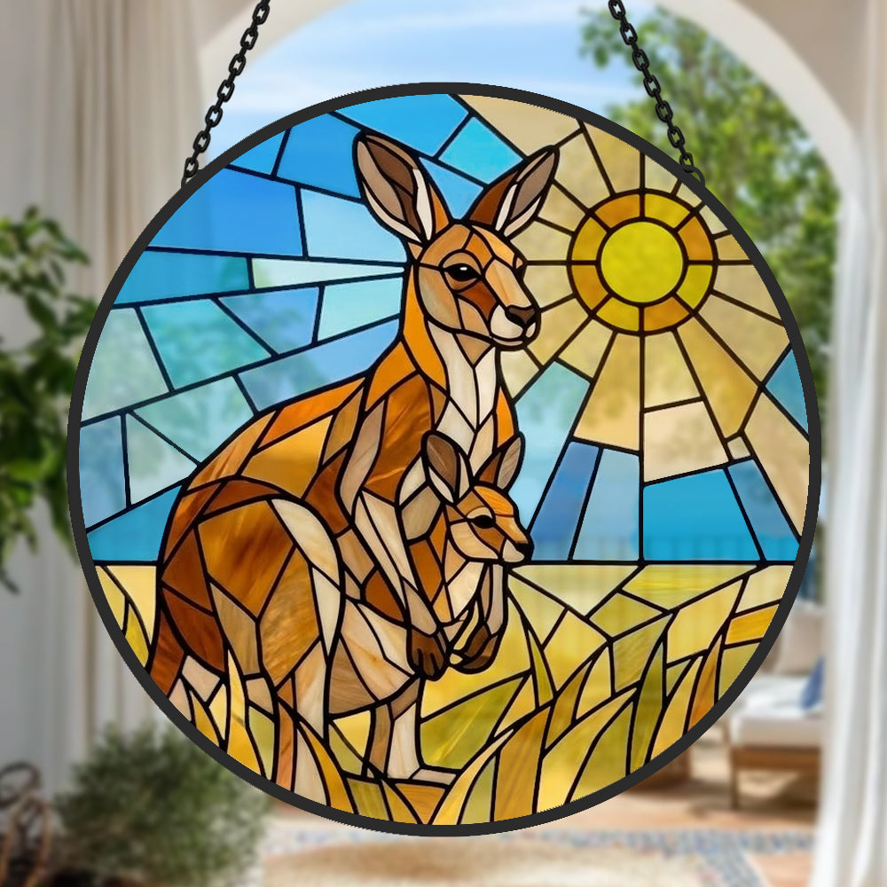 Australian kangaroo family stained glass suncatcher window hanging, suitable for home and garden decoration
