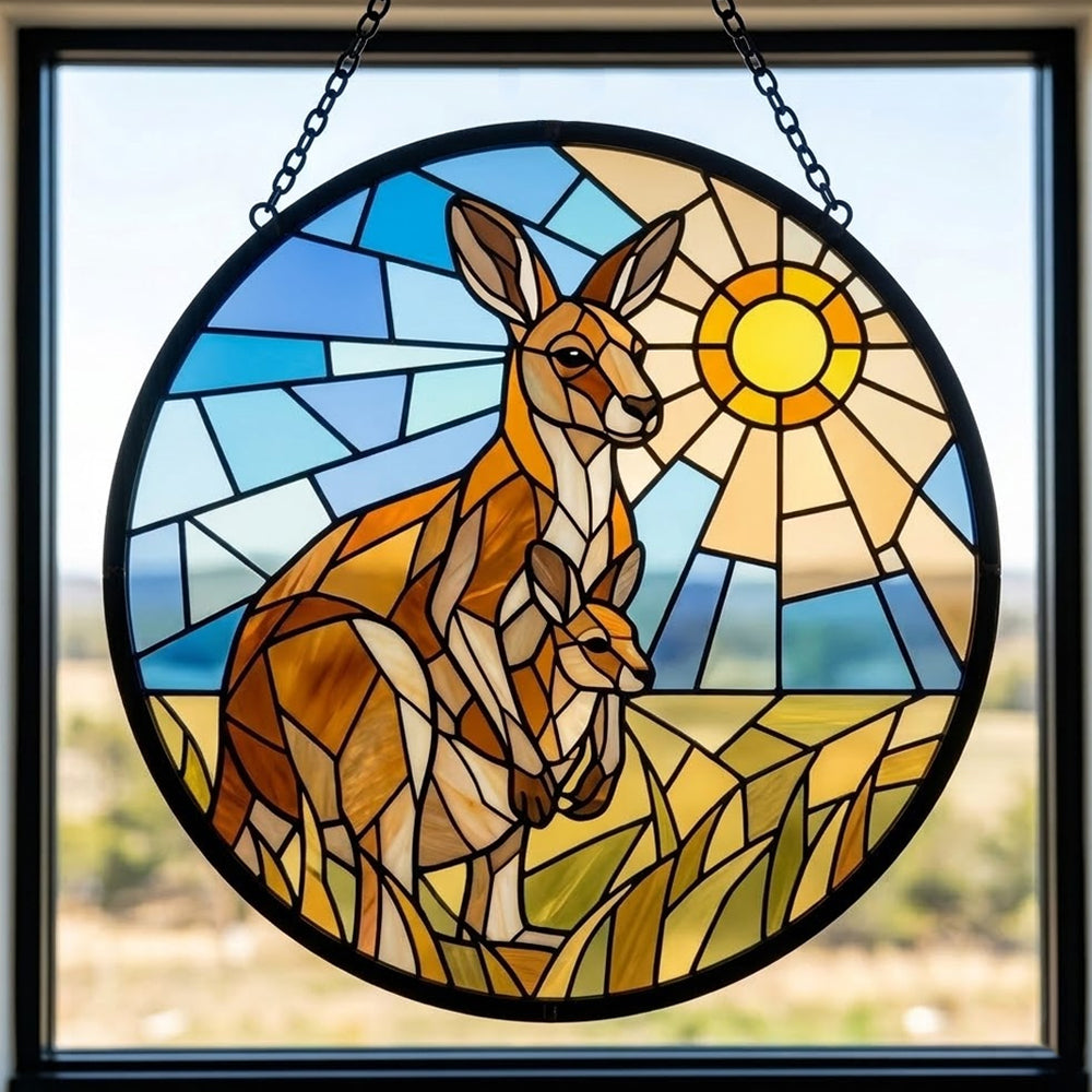 Australian kangaroo family stained glass suncatcher window hanging, suitable for home and garden decoration