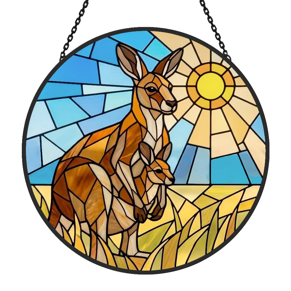 Australian kangaroo family stained glass suncatcher window hanging, suitable for home and garden decoration