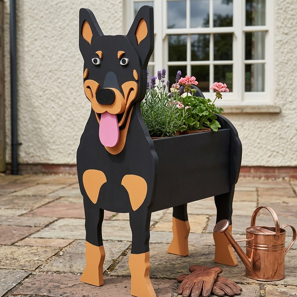 Australian Kelpie-shaped Dog planter with flowers on a patio