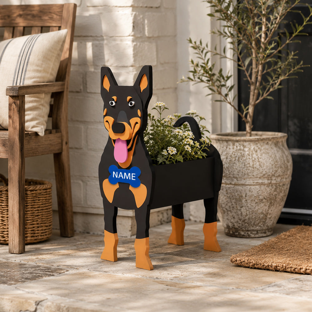Australian Kelpie-shaped dog planter  displayed at the entrance