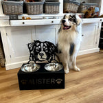 Personalized australian shepherd metal dog bowl stand with custom name cutout and two removable feeding bowls