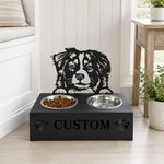 Personalized australian shepherd metal dog bowl stand with custom name cutout and two removable feeding bowls