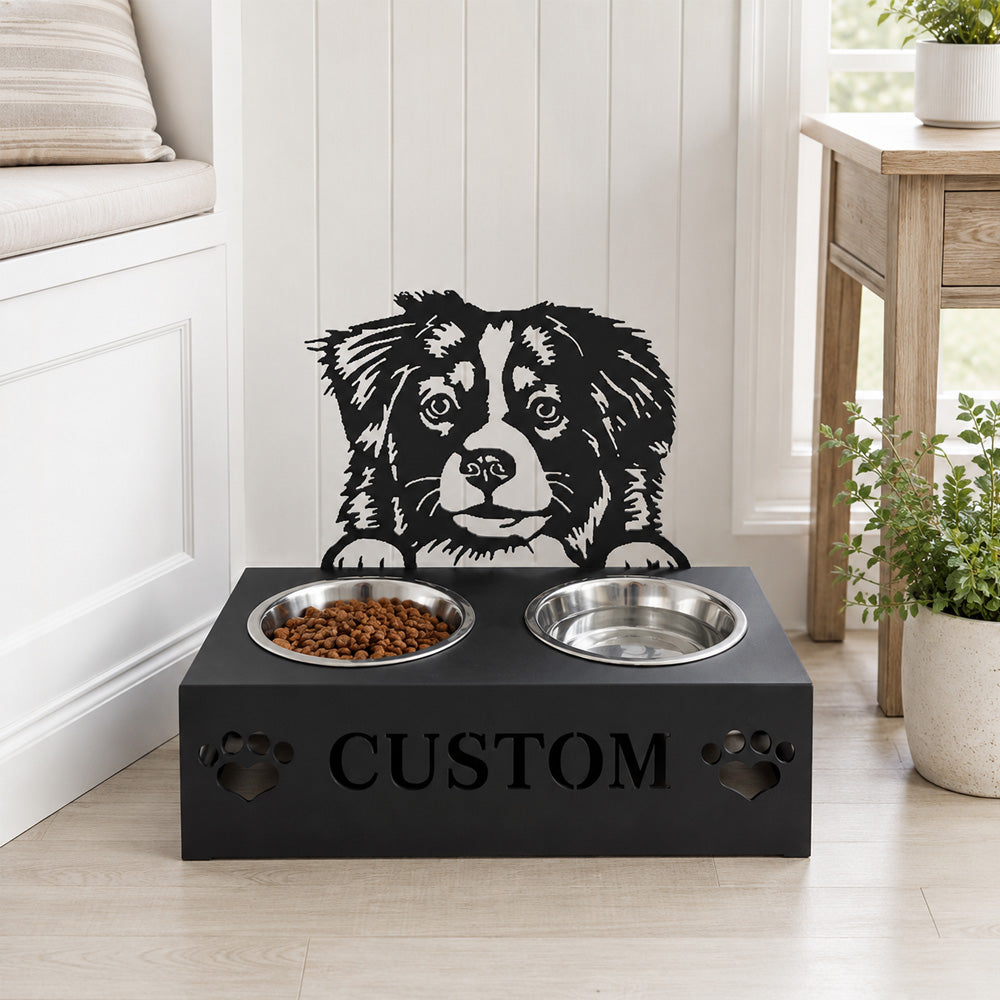 Personalized australian shepherd metal dog bowl stand with custom name cutout and two removable feeding bowls