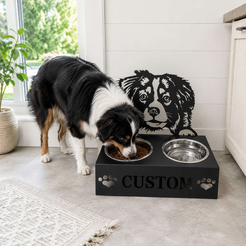 Personalized australian shepherd metal dog bowl stand with custom name cutout and two removable feeding bowls