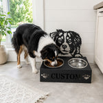 Personalized australian shepherd metal dog bowl stand with custom name cutout and two removable feeding bowls
