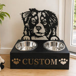 Personalized australian shepherd metal dog bowl stand with custom name cutout and two removable feeding bowls