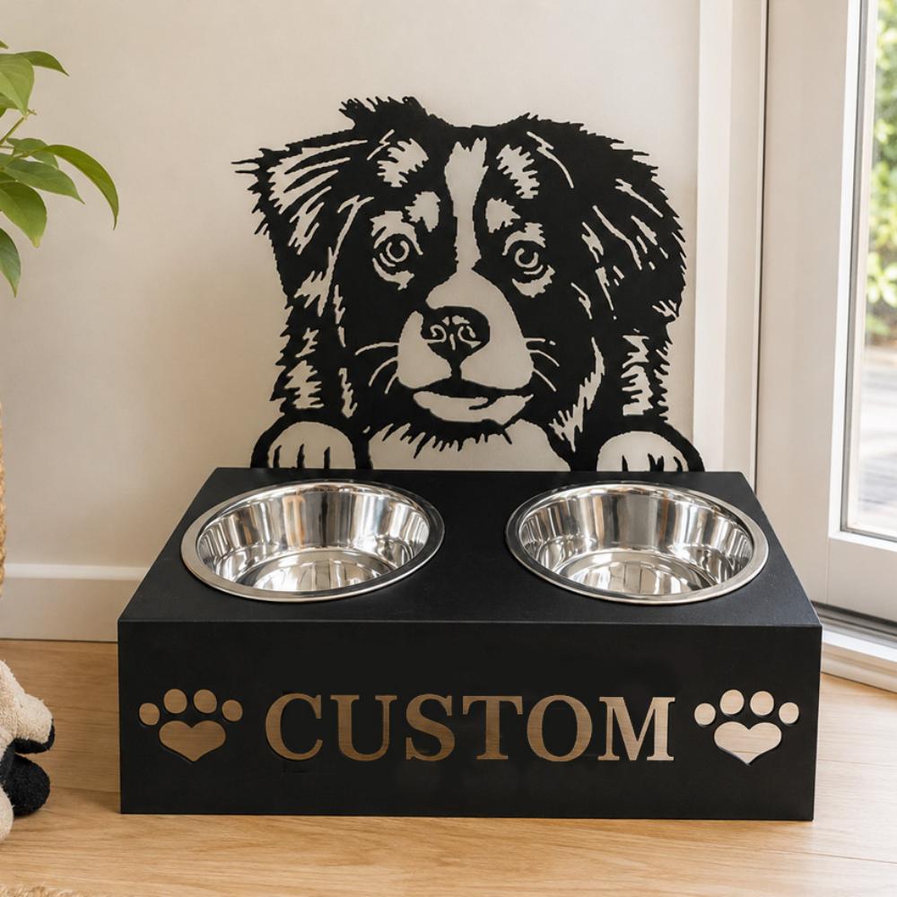 Personalized australian shepherd metal dog bowl stand with custom name cutout and two removable feeding bowls