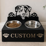 Personalized australian shepherd metal dog bowl stand with custom name cutout and two removable feeding bowls