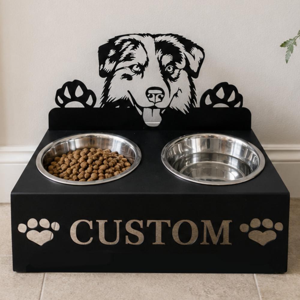Personalized australian shepherd metal dog bowl stand with custom name cutout and two removable feeding bowls