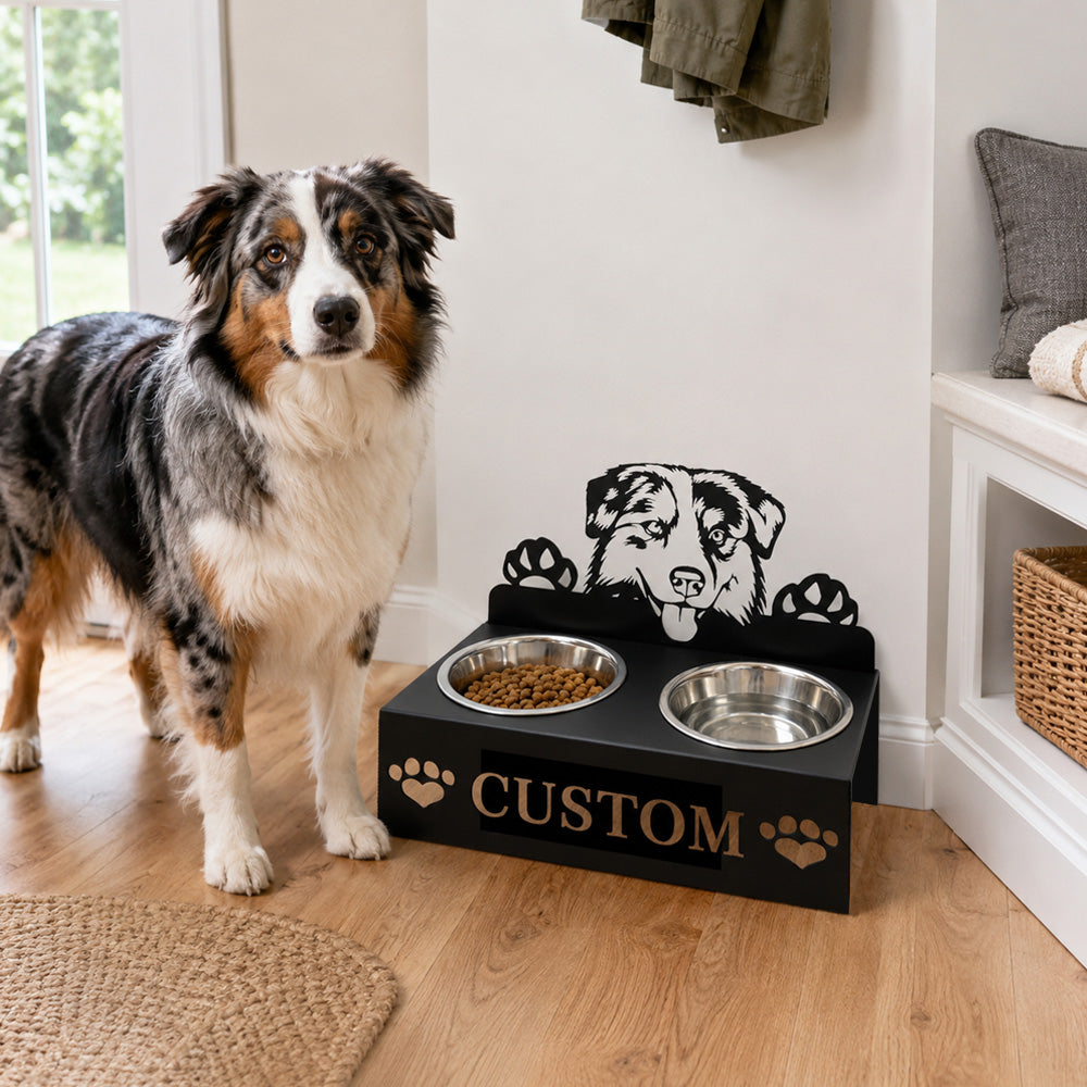 Personalized australian shepherd metal dog bowl stand with custom name cutout and two removable feeding bowls