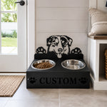 Personalized australian shepherd metal dog bowl stand with custom name cutout and two removable feeding bowls
