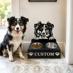 Personalized australian shepherd metal dog bowl stand with custom name cutout and two removable feeding bowls