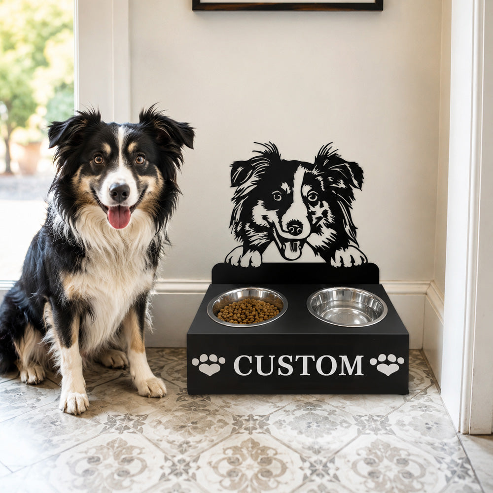 Personalized australian shepherd metal dog bowl stand with custom name cutout and two removable feeding bowls