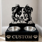 Personalized australian shepherd metal dog bowl stand with custom name cutout and two removable feeding bowls