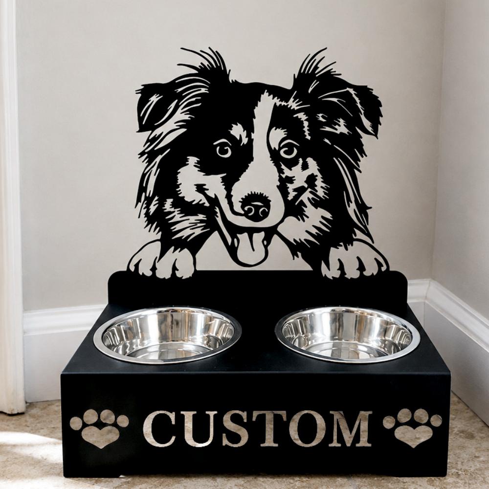 Personalized australian shepherd metal dog bowl stand with custom name cutout and two removable feeding bowls