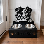 Personalized australian shepherd metal dog bowl stand with custom name cutout and two removable feeding bowls