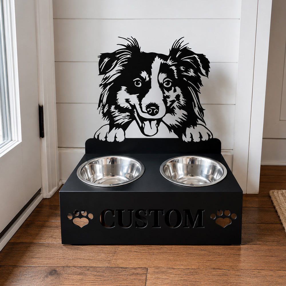 Personalized australian shepherd metal dog bowl stand with custom name cutout and two removable feeding bowls