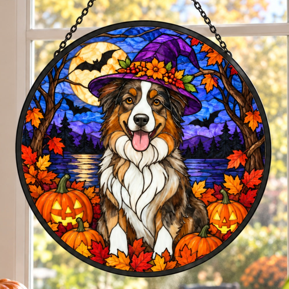 Australian Shepherd Halloween stained glass suncatcher window hanging, suitable for home and garden decoration