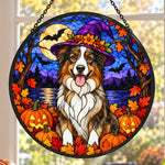 Australian Shepherd Halloween stained glass suncatcher window hanging, suitable for home and garden decoration